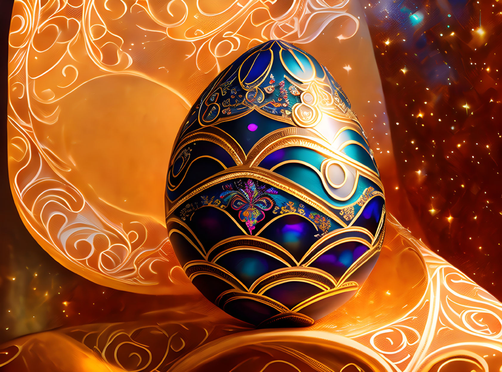 Intricate jeweled egg with gold and blue patterns on cosmic background