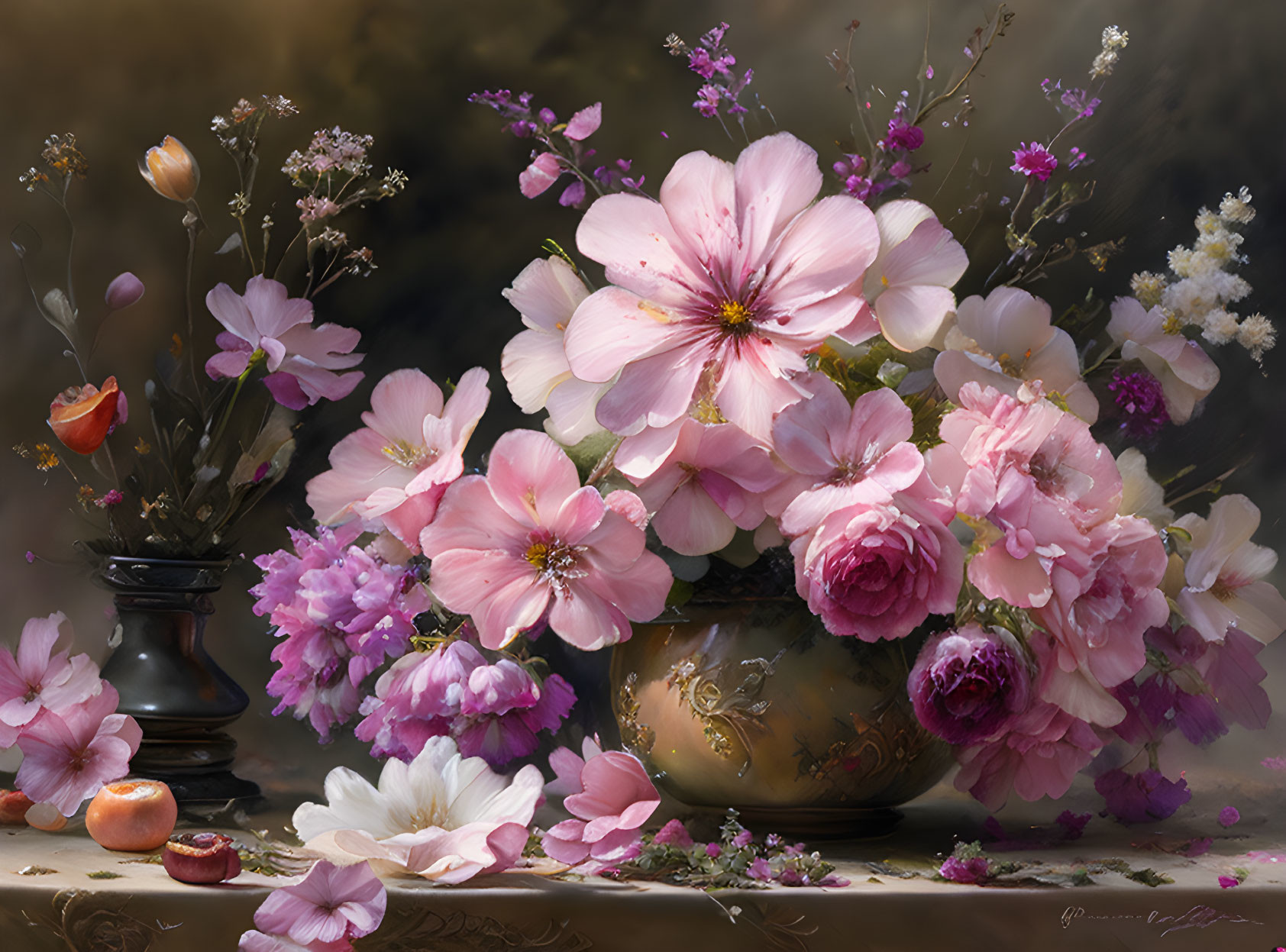 Colorful Still-Life Painting of Pink and Purple Flowers in Ornate Vase