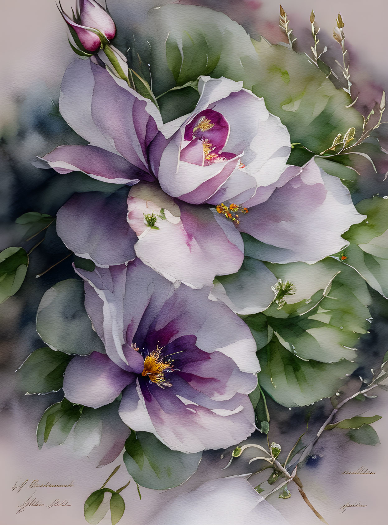 Delicate Purple and White Flowers in Watercolor