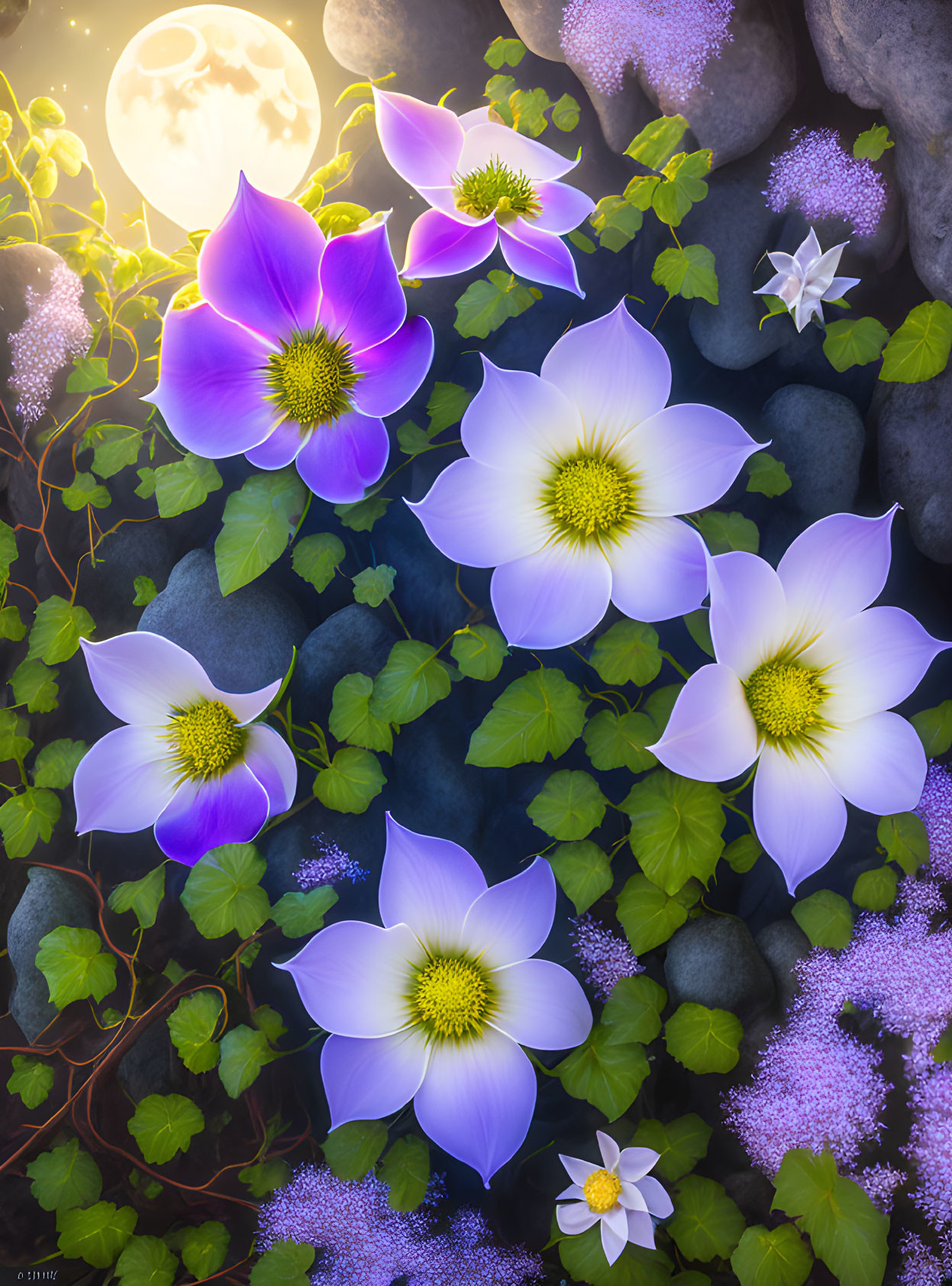 Purple and White Flowers Blooming Under Full Moon Glow