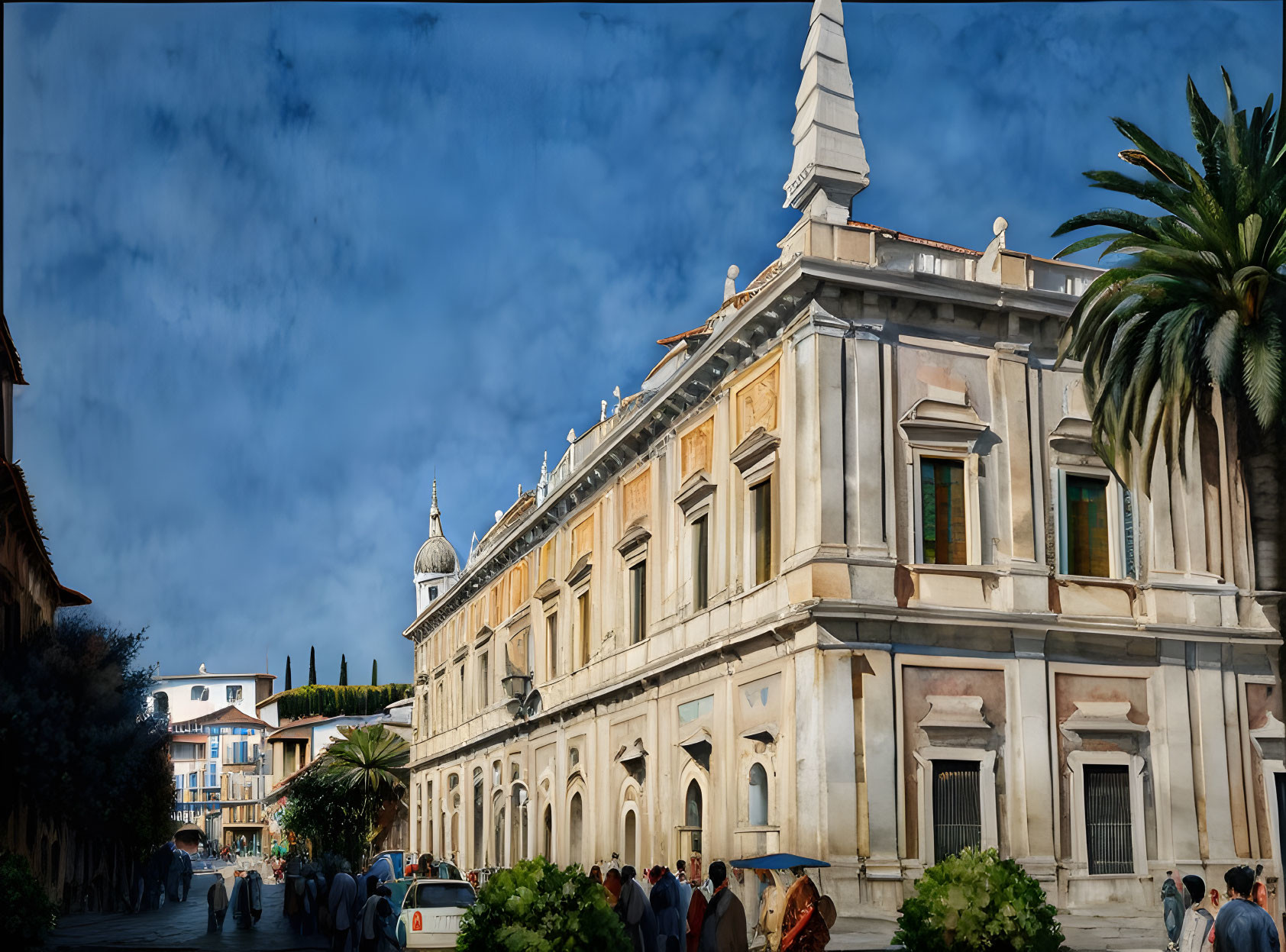 Historic European Building with Steeple and Palm Trees Under Dramatic Sky