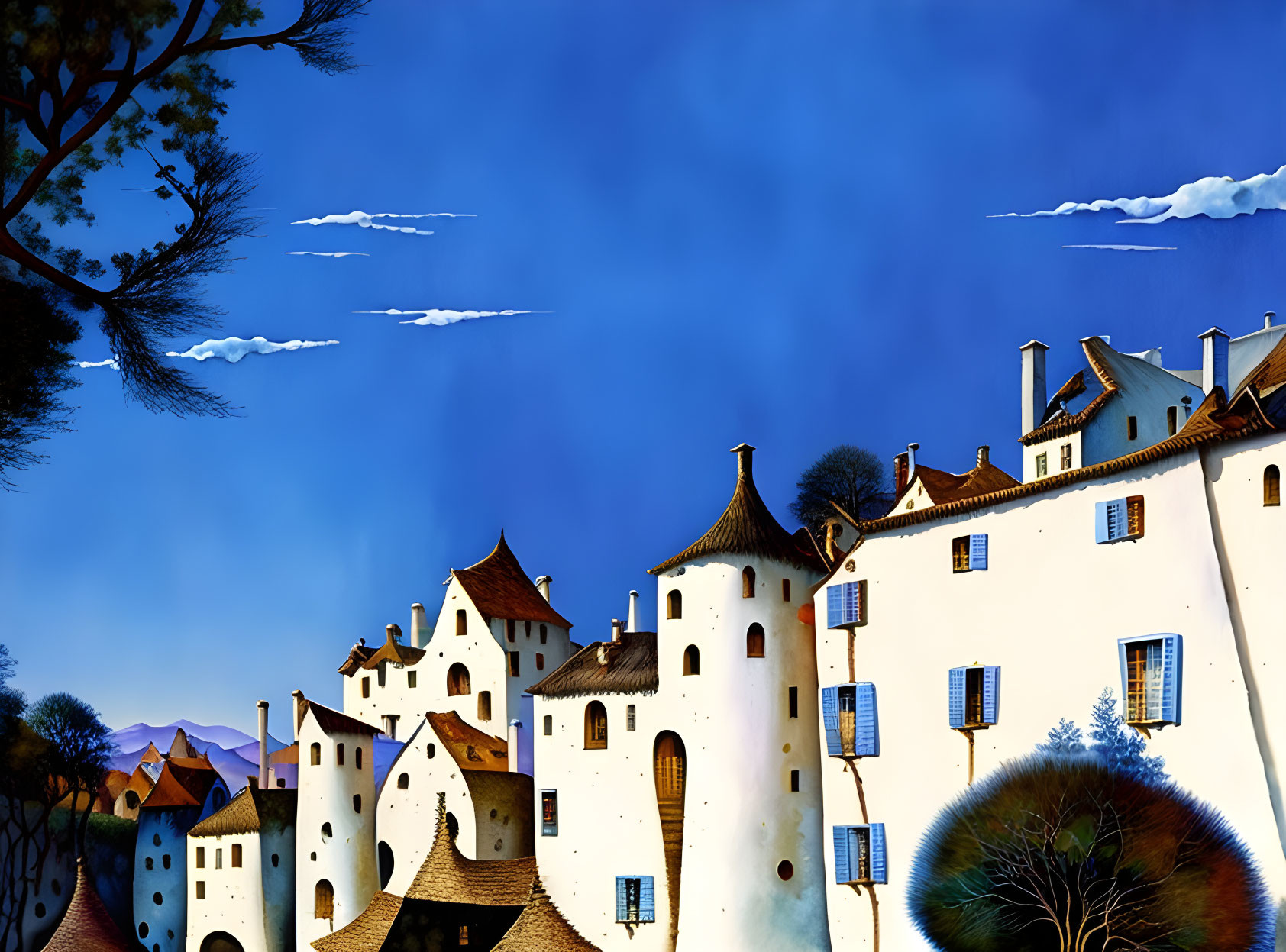 Whimsical fairytale castle illustration with white walls and conical roofs under a vibrant blue sky