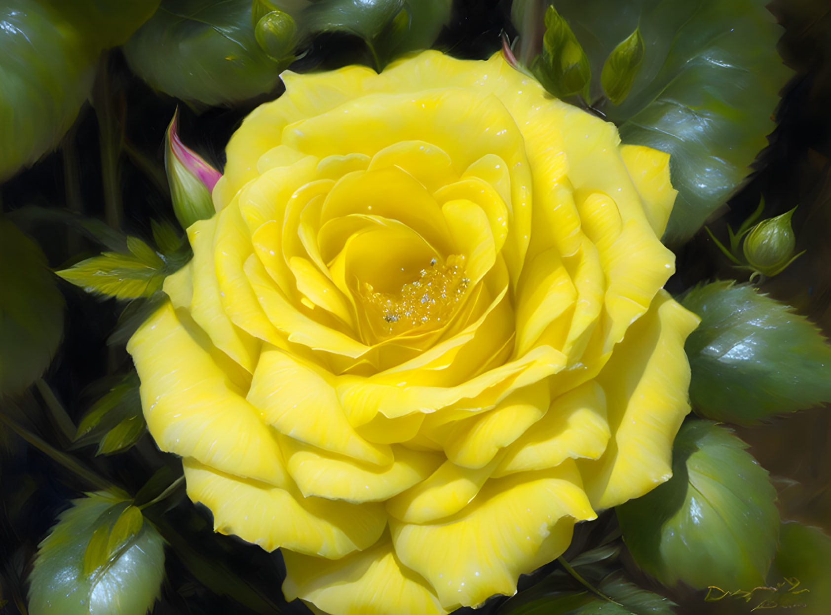 Detailed yellow rose with dewdrops and dark green leaves in soft-focus style