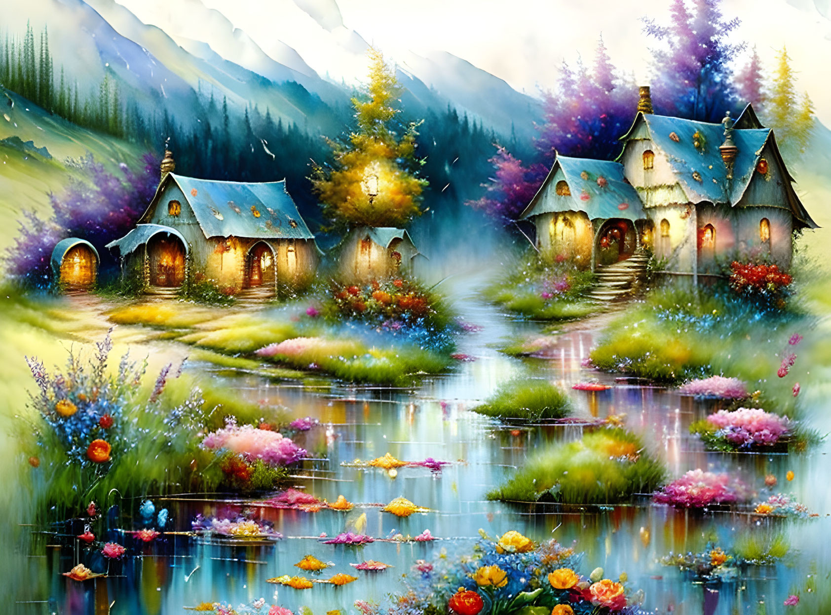 Fantasy landscape painting with cottages, floral riverbank, colorful flora, misty mountains