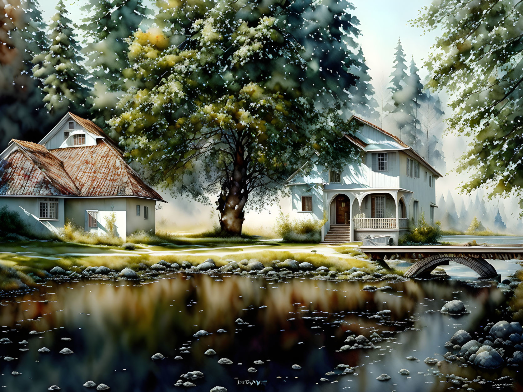 Tranquil riverside scene with cozy houses, bridge, lush trees, and misty atmosphere