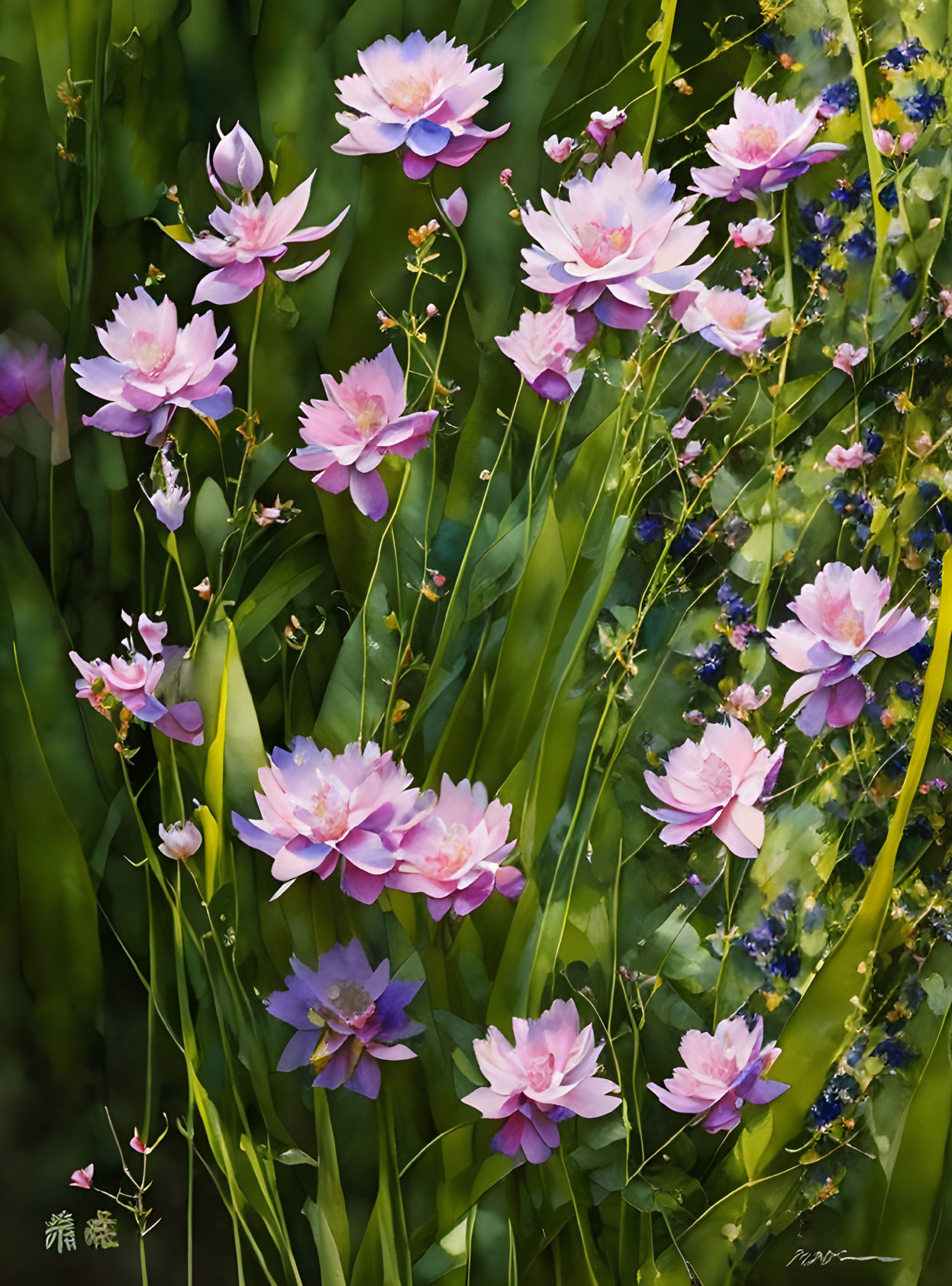 Pink Lotus Flowers Painting with Green Foliage and Blue Flowers