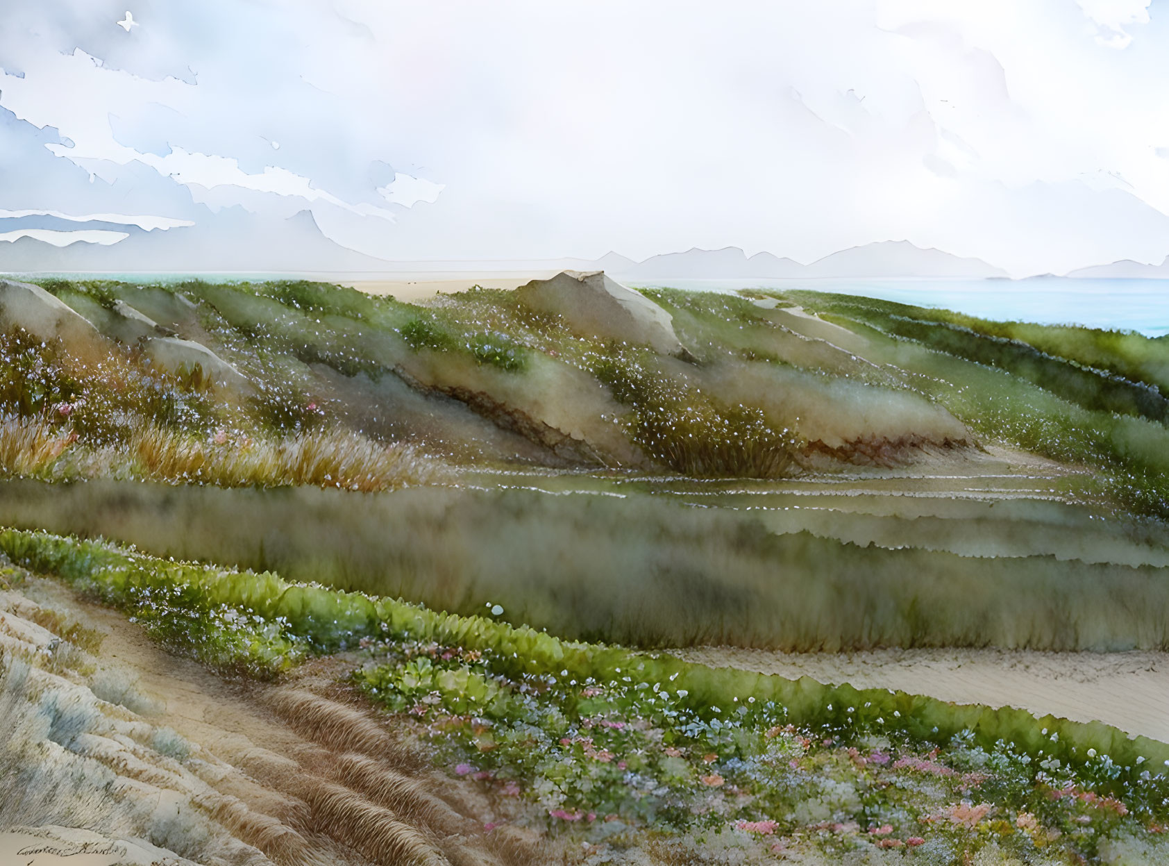 Scenic desert landscape with sand dunes, mountains, and sea under a cloudy sky