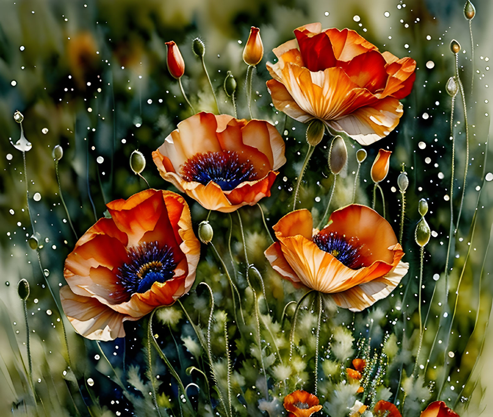 Beautiful Orange Poppies with Water Droplets on Green Background