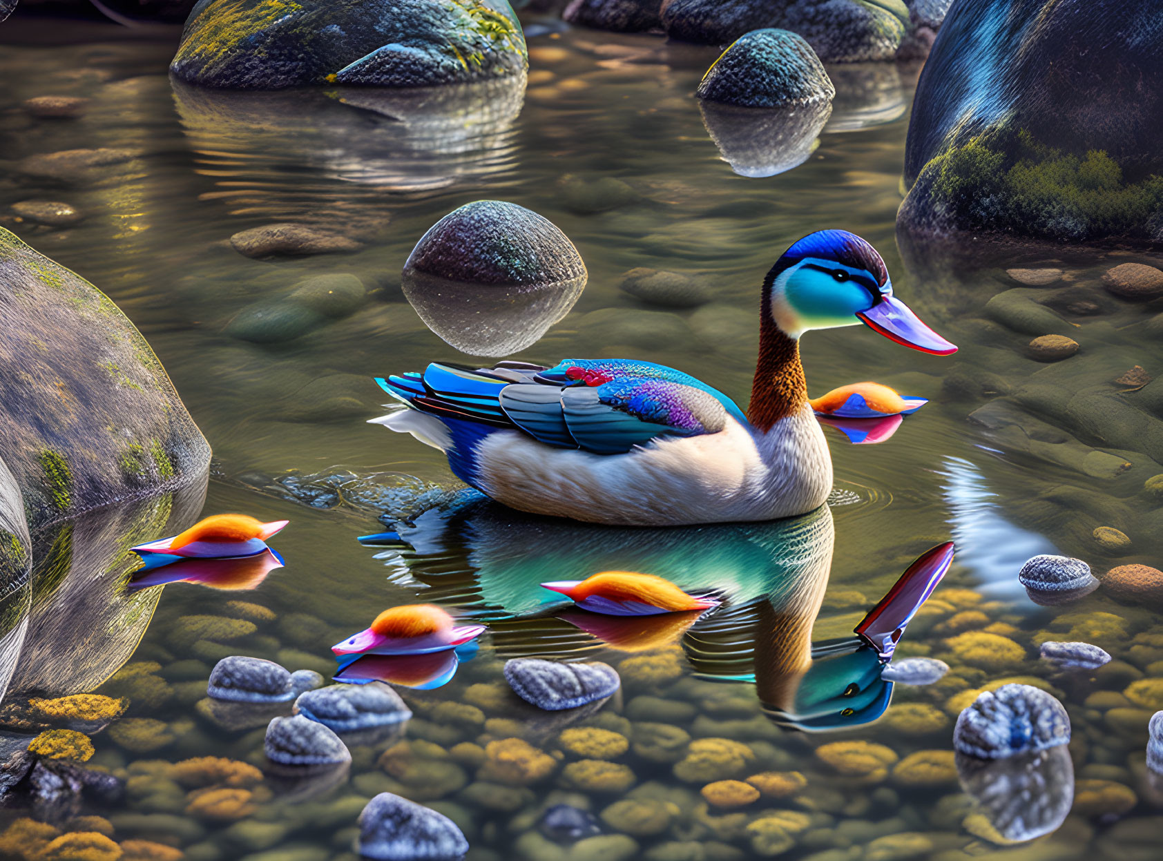 Colorful Duck Floating Among Stones and Fish in Clear Water