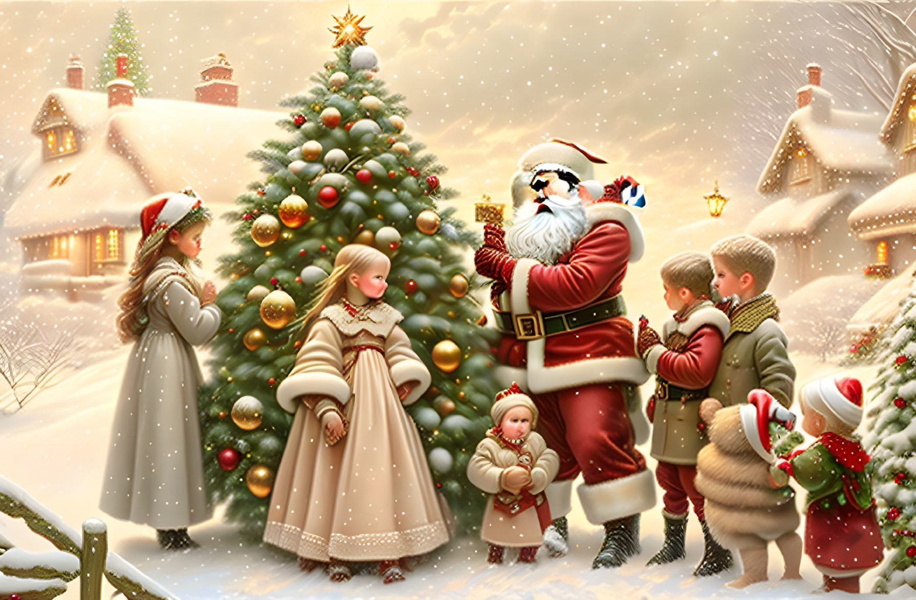 Children with Santa Claus by Christmas tree in snowy village