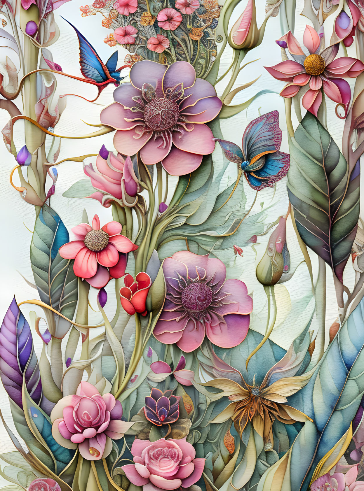 Detailed botanical illustration: Pink and purple flowers, butterflies, foliage on light background