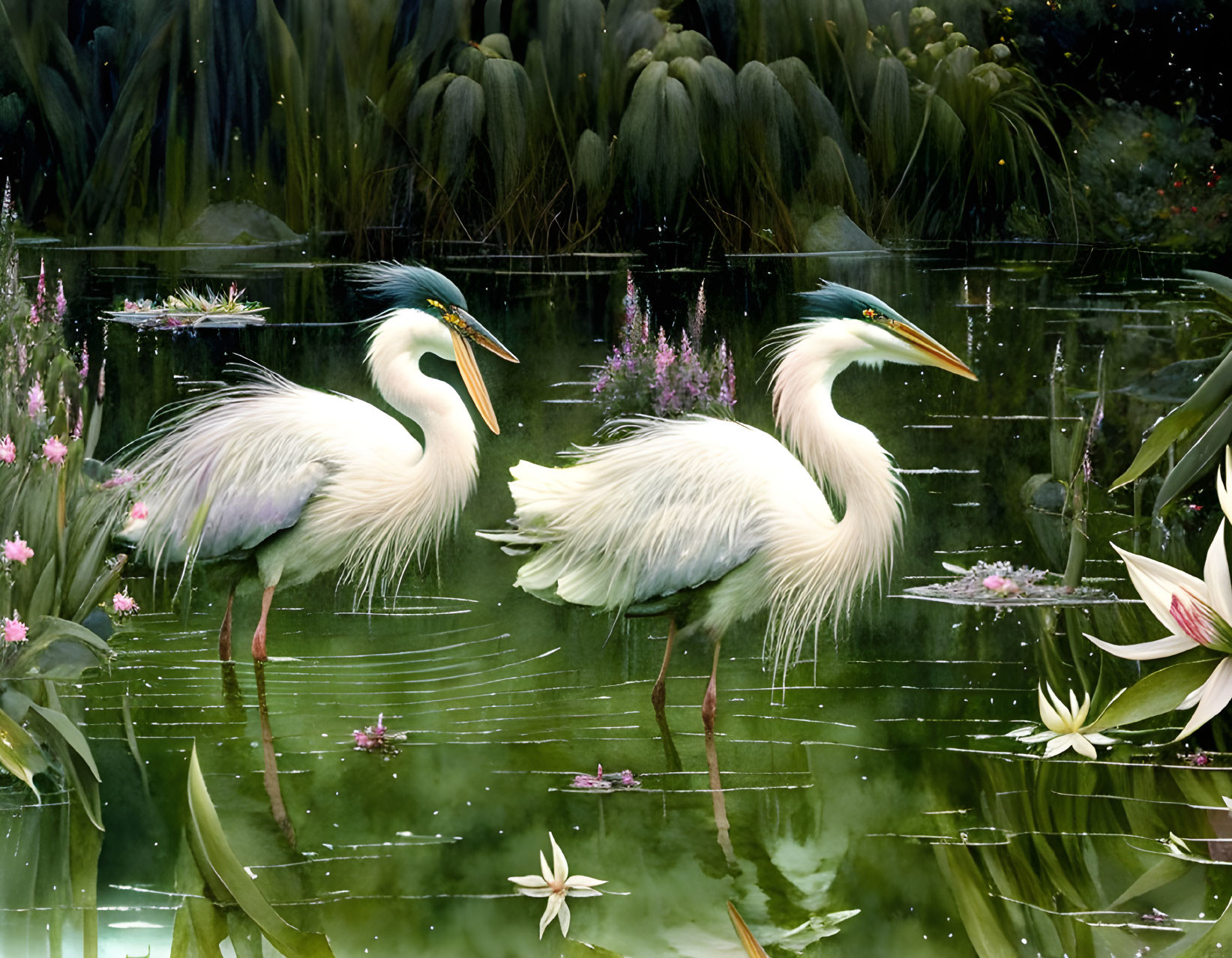 Tranquil water scene with two herons among lily pads and flowers