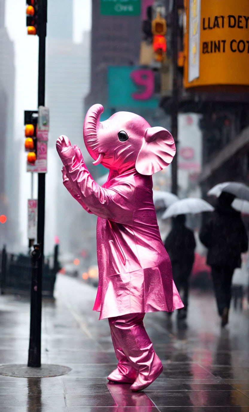 Person in Pink Elephant Costume on Rainy City Street with Traffic Lights and Pedestrians