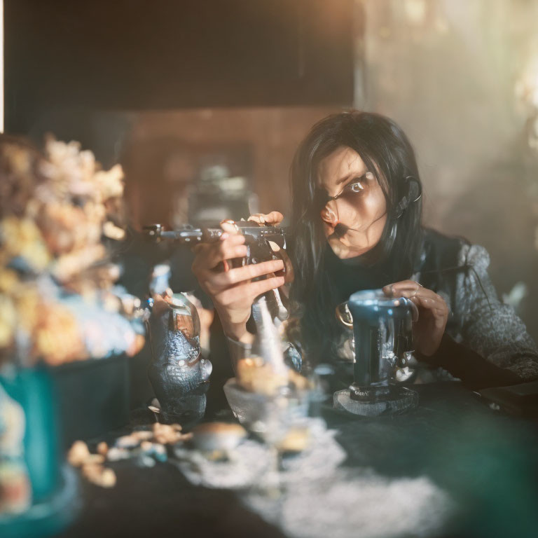 Intense gaze person holding a drone at cluttered table