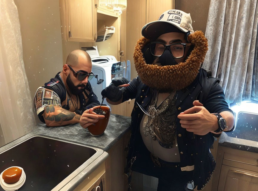 Two men in kitchen with tattoos and fake beard pointing at each other