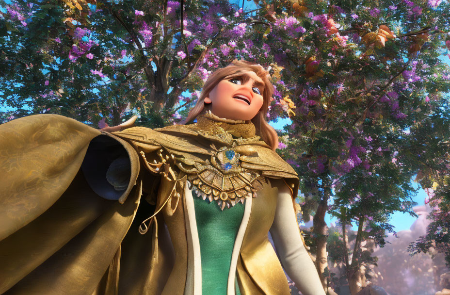 Regal female character in cape amid vibrant, flower-filled trees