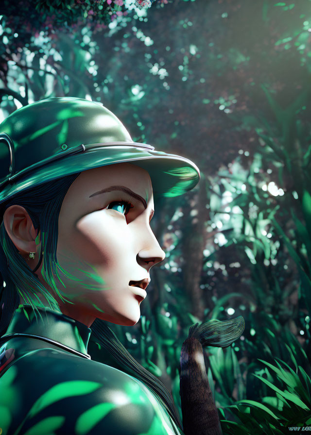 Profile view digital artwork of woman in green hat and uniform in sunlit forest.