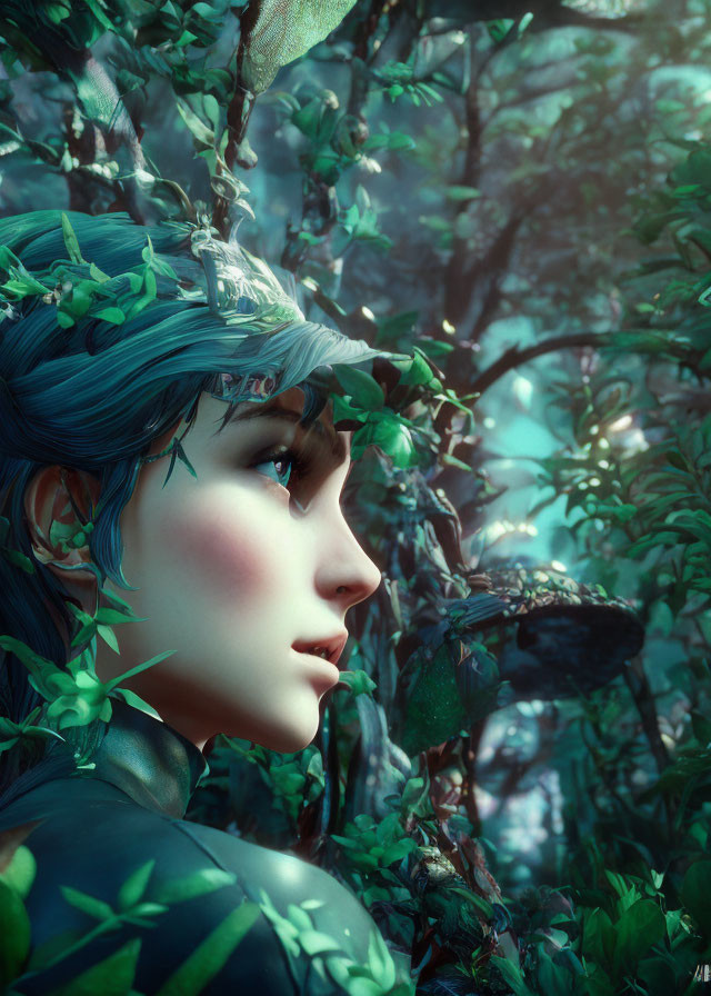 Female digital artwork in greenery attire, surrounded by mystical forest.