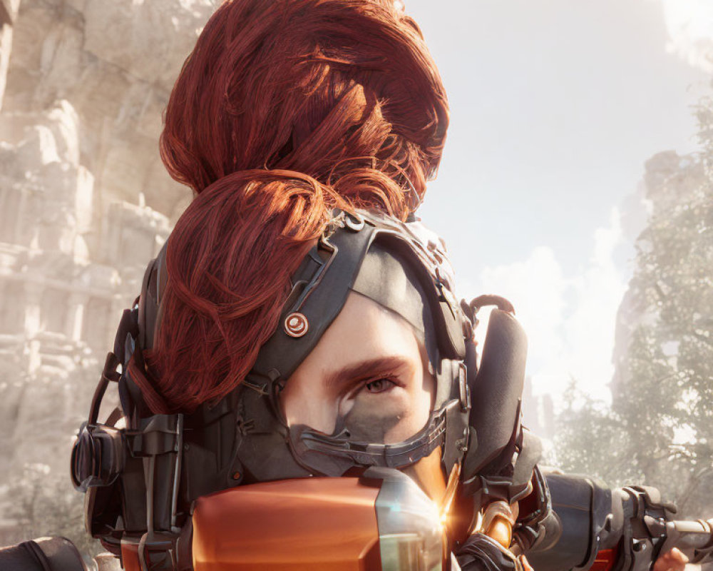 Character with Red Hair in Futuristic Helmet Against Sunlit Rock