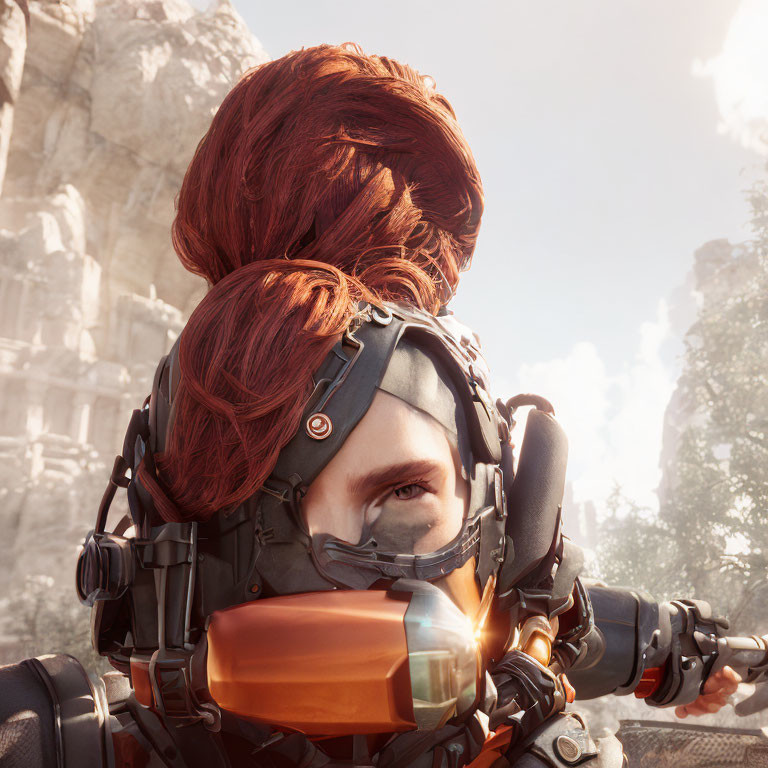 Character with Red Hair in Futuristic Helmet Against Sunlit Rock