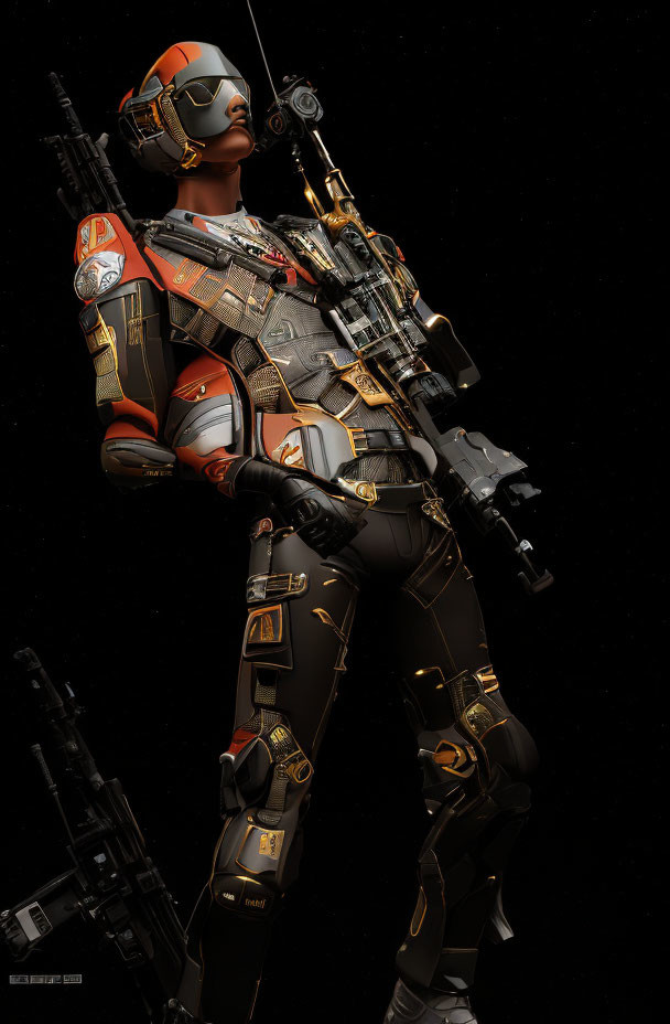 Futuristic soldier in orange and black exosuit with advanced weaponry