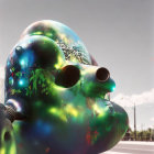 Reflective green alien robot head with glowing eyes and mouth against cloudy sky.