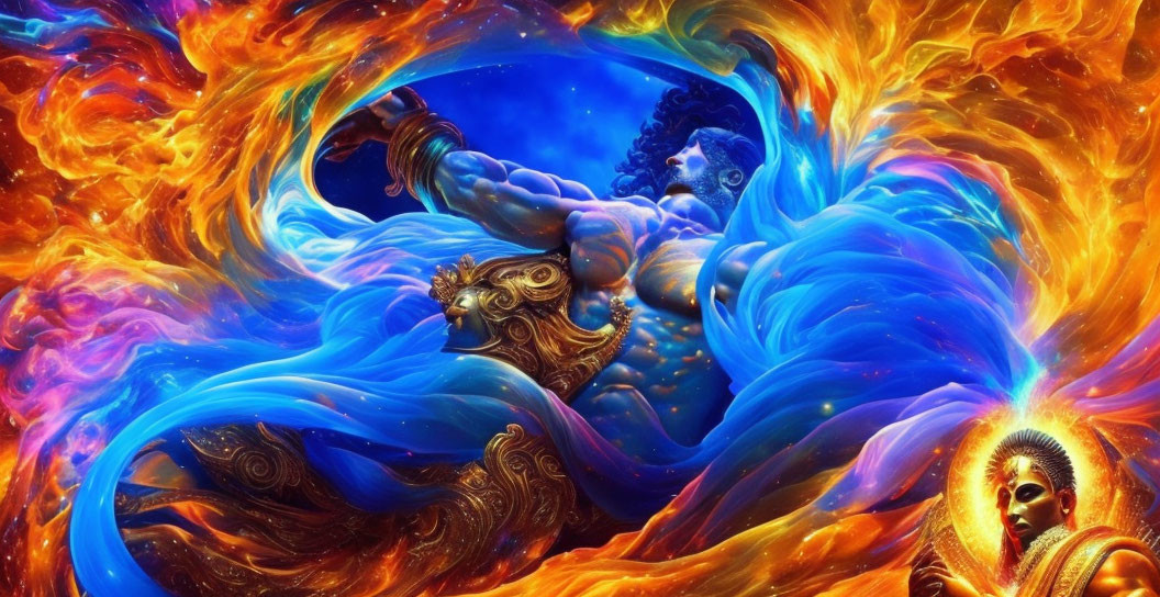 Colorful artwork featuring blue-skinned figure in fiery and cool swirls