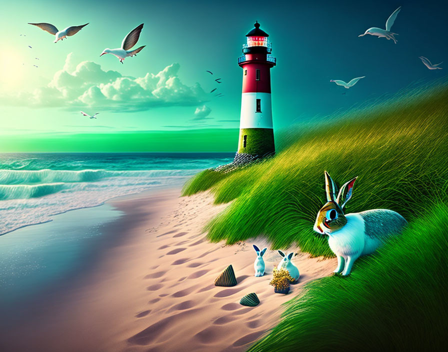 Whimsical beach scene with rabbit, hedgehog, seashells, lighthouse, and se