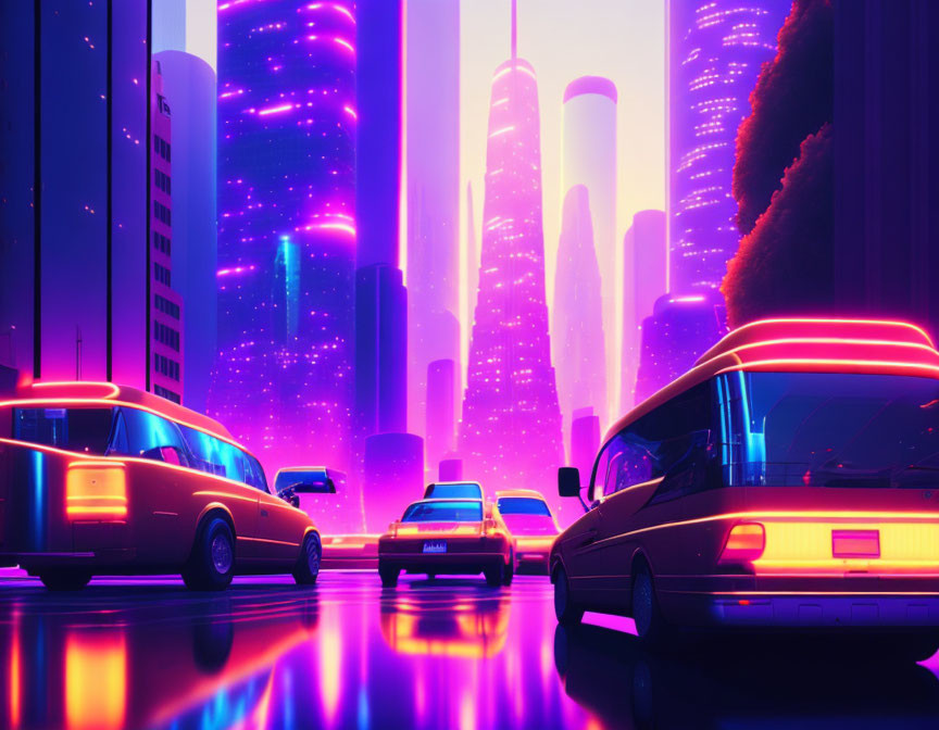 Futuristic night cityscape with neon lights and wet street