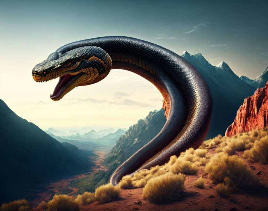 Gigantic serpent in red cliff landscape under dramatic sky