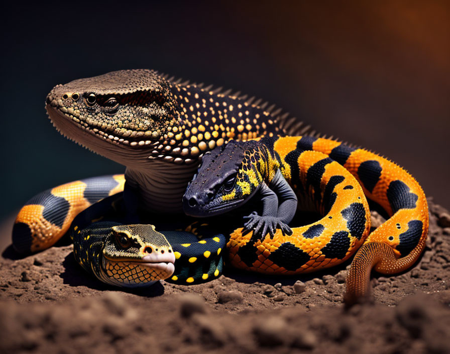 Colorful Spotted Lizard and Snakes Resting on Sandy Surface