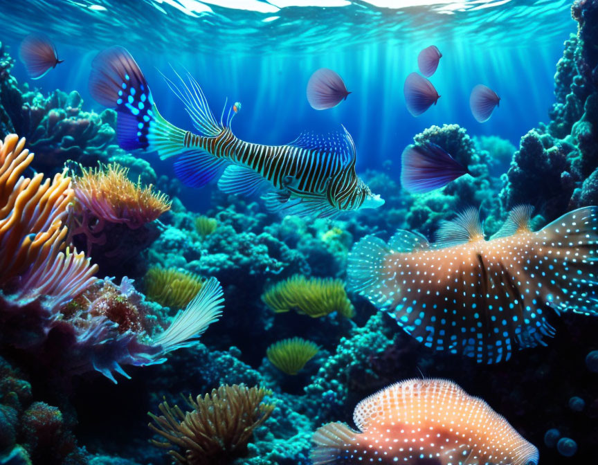 Vibrant underwater scene with colorful fish, coral, and jellyfish.