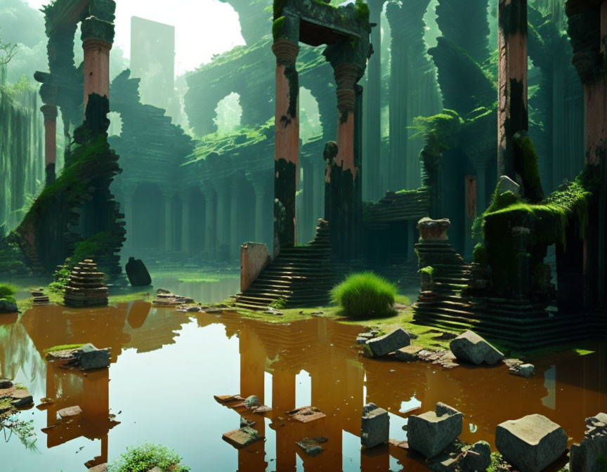 Ancient temple ruins surrounded by lush greenery and orange-tinted water