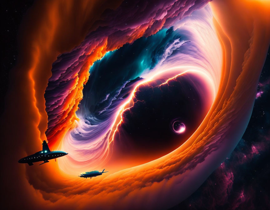 Colorful cosmic scene with spaceships, swirling galaxy, nebula clouds, black hole, and stars