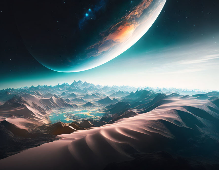 Surreal landscape with sharp mountains, starry sky, massive planet, and illuminated city.