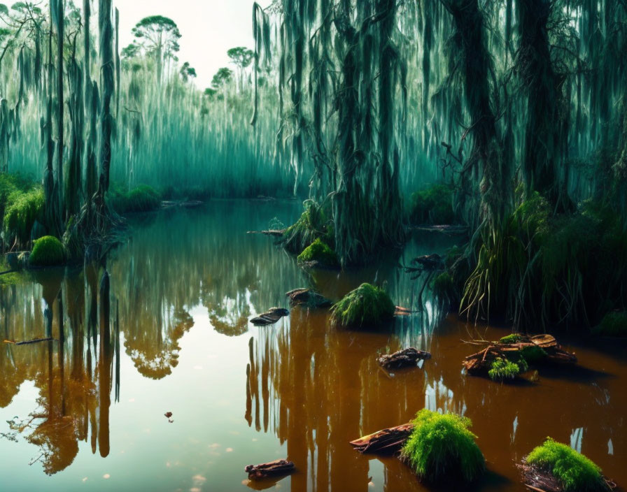 Tranquil swamp scene with Spanish moss, still water, and moss-covered logs