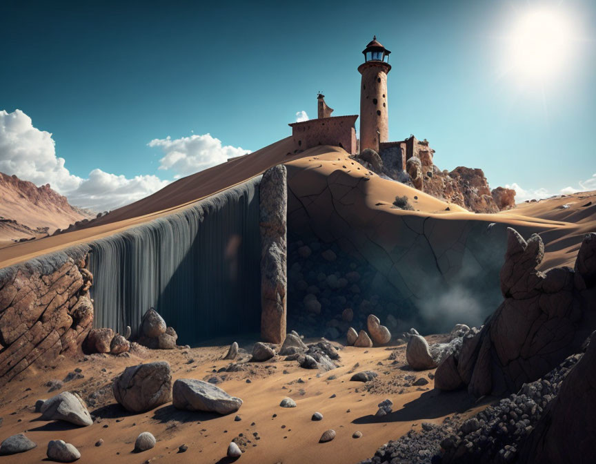 Surreal lighthouse on sand dune with waterfall in rocky desert