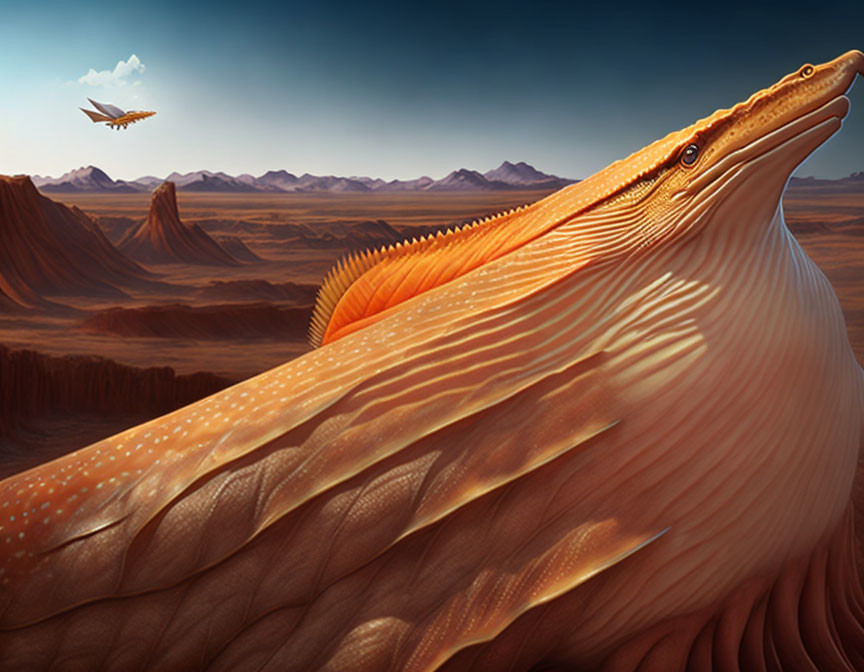 Imaginative landscape with giant orange reptile and bird in desert