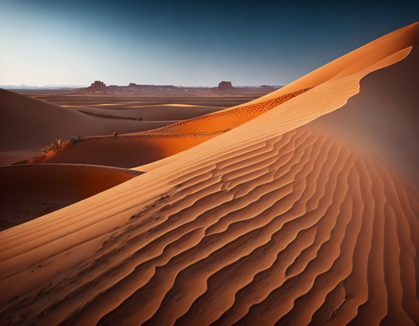 Vast desert landscape with prominent sand dune and warm light glow