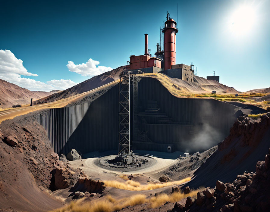 Desolate industrial site with red tower in barren hills