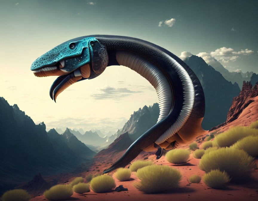 Gigantic blue-headed serpent in surreal desert landscape