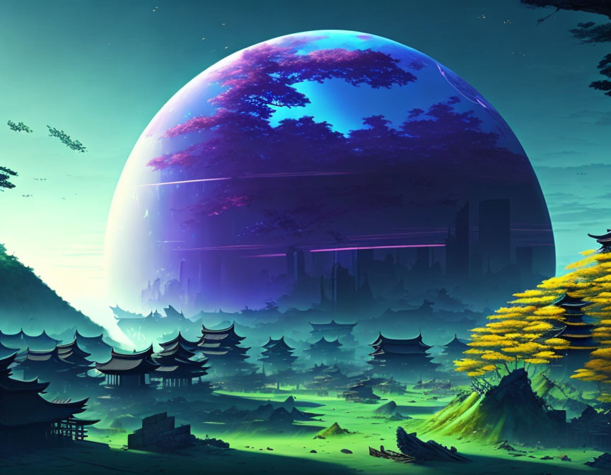 Futuristic landscape with Asian pagoda buildings and giant planet in sky