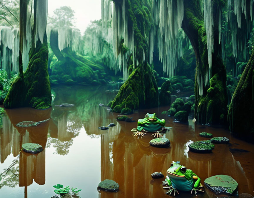 Tranquil swamp scene with moss-covered trees, lily pads, and green frogs