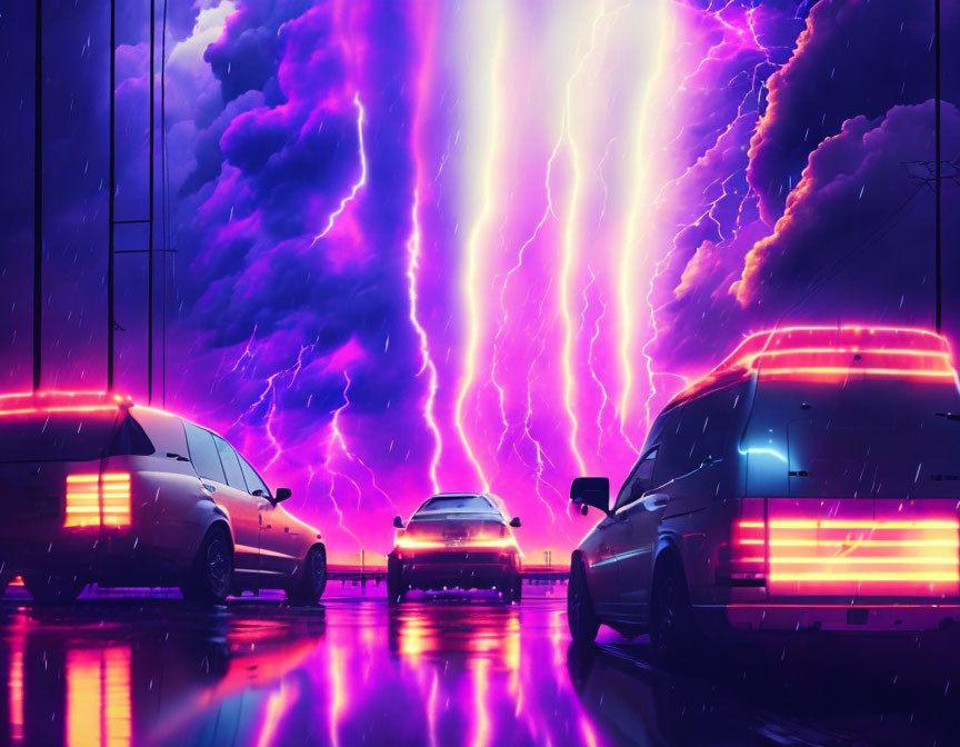 Neon-lit street with purple lightning strikes and glowing red tail lights