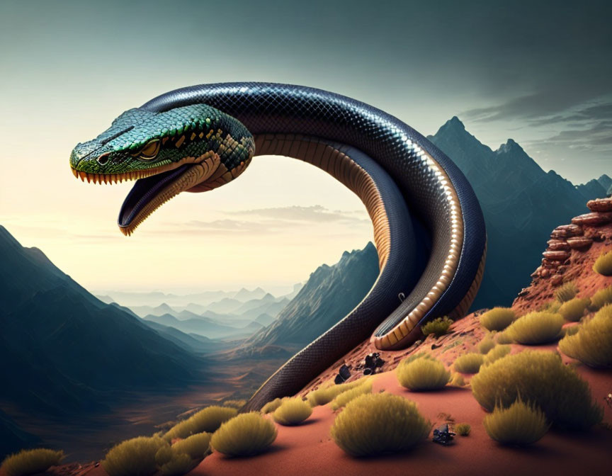 Giant blue and green snake in desert landscape with mountains and shrubs