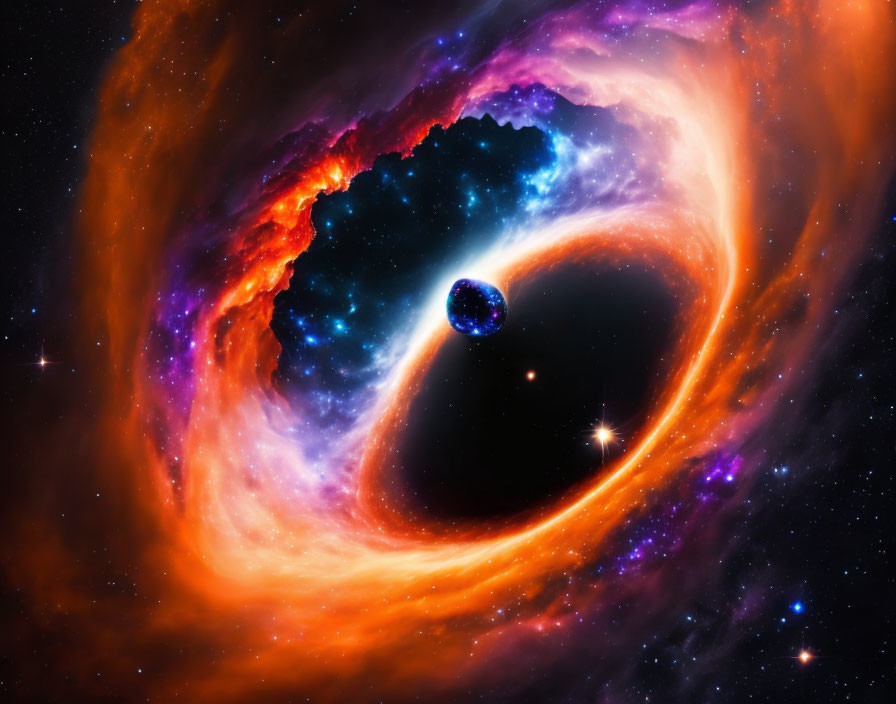 Vibrant cosmic scene with black hole, accretion disk, and planet.