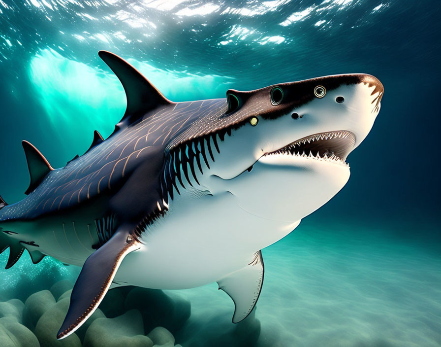 Detailed Stylized Shark Digital Illustration Underwater