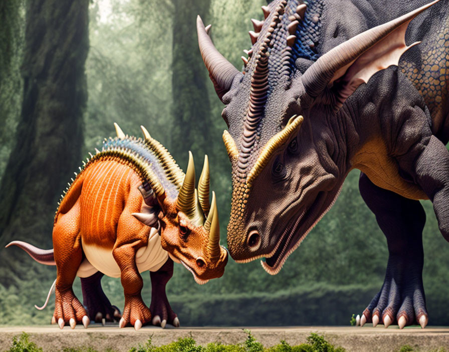 Vibrant digitally-rendered dinosaurs face off in misty backdrop