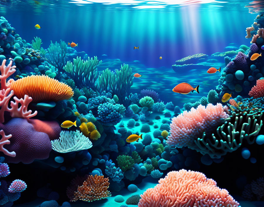 Colorful Coral Formations and Fish in Vibrant Underwater Scene