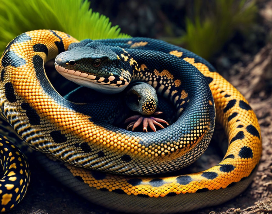 Vibrant Blue and Yellow Snake Coiled on Ground with Green Foliage